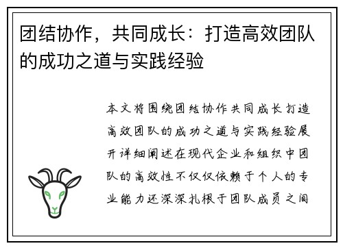 团结协作,共同成长:打造高效团队的成功之道与实践经验 团结协作,共同成长:打造高效团队的成功之道与实践经验